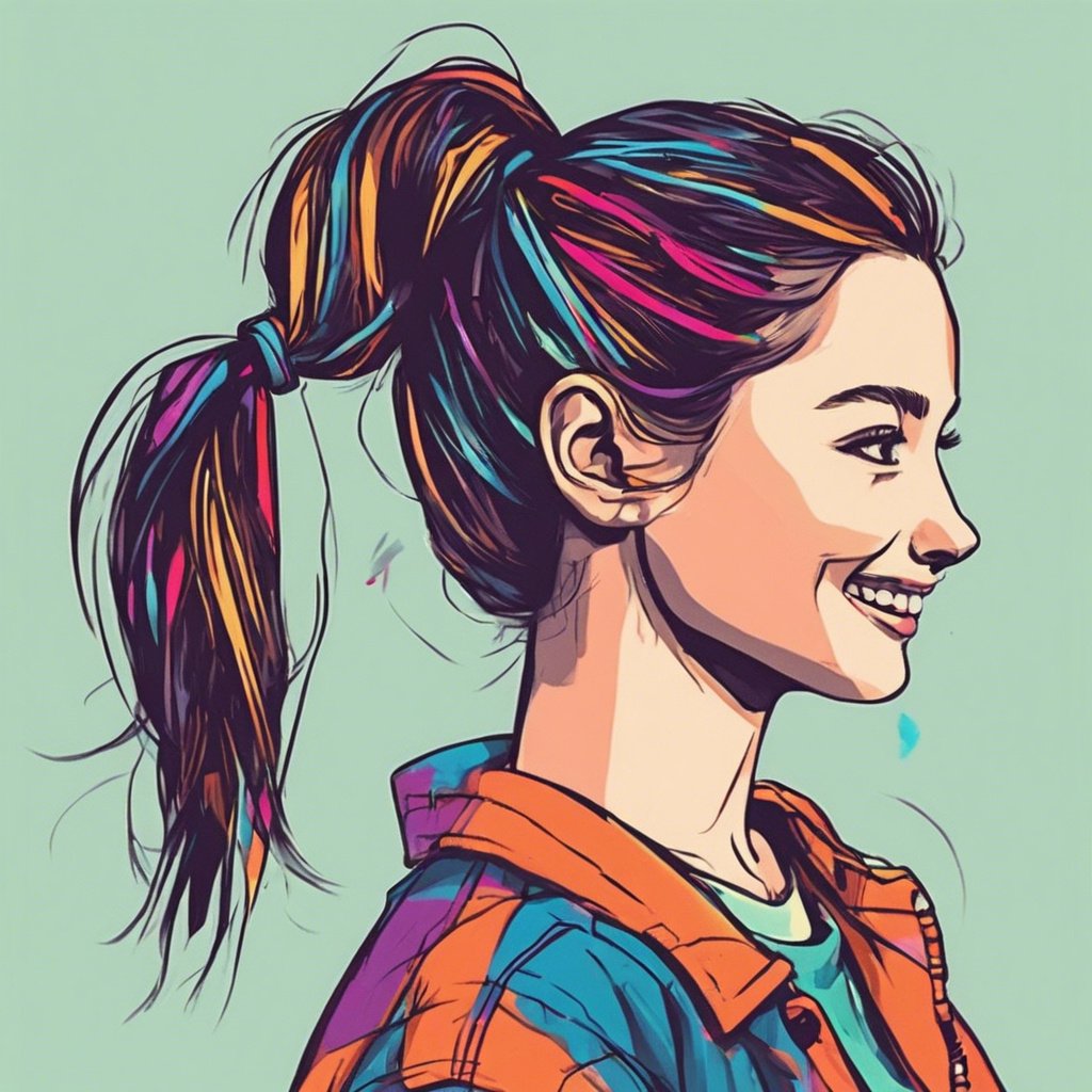 Brunette girl with a ponytail separated into sections by hair ties that is low on the head happy vibrant colours