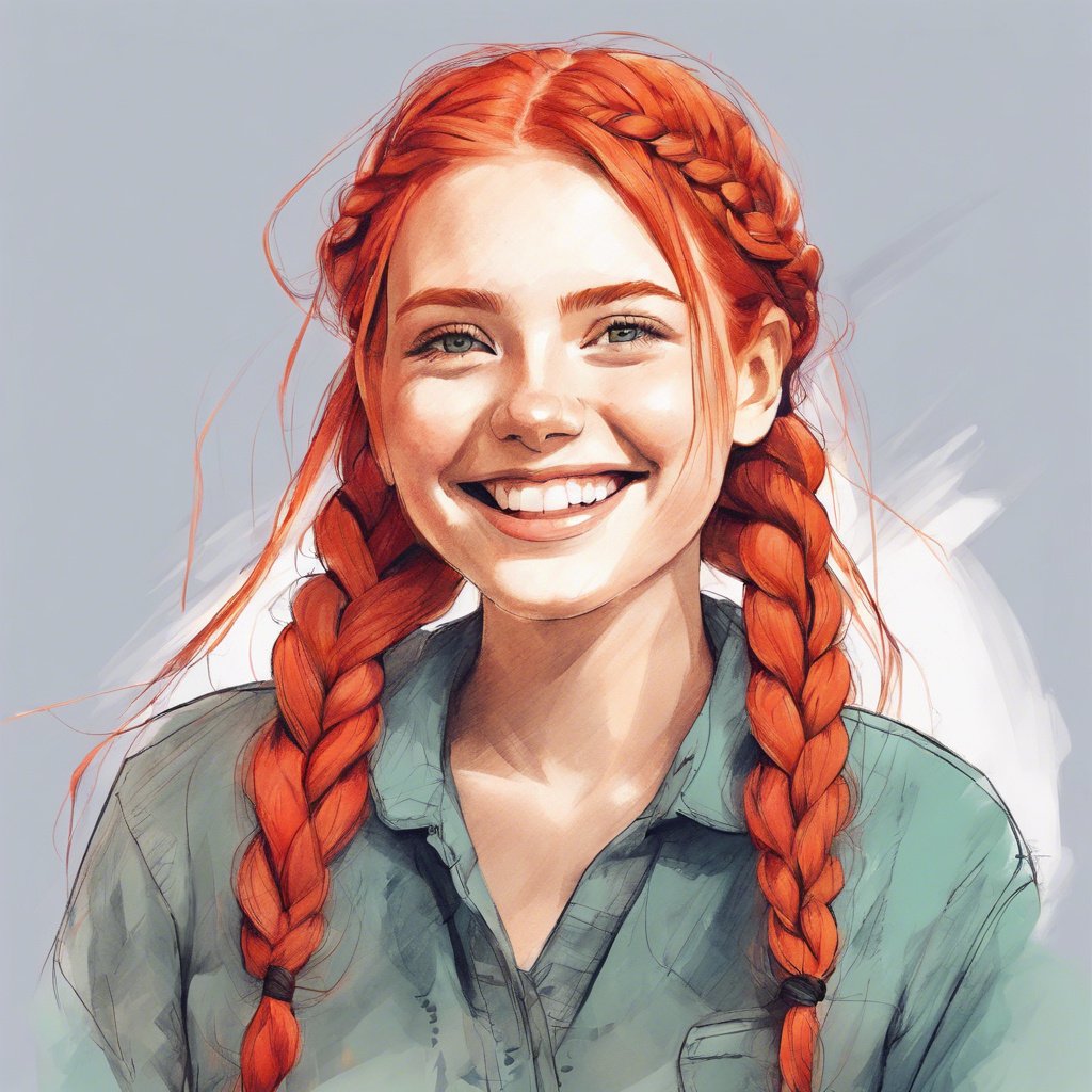 Happy girl with red hair in two dutch braids vibrant colours