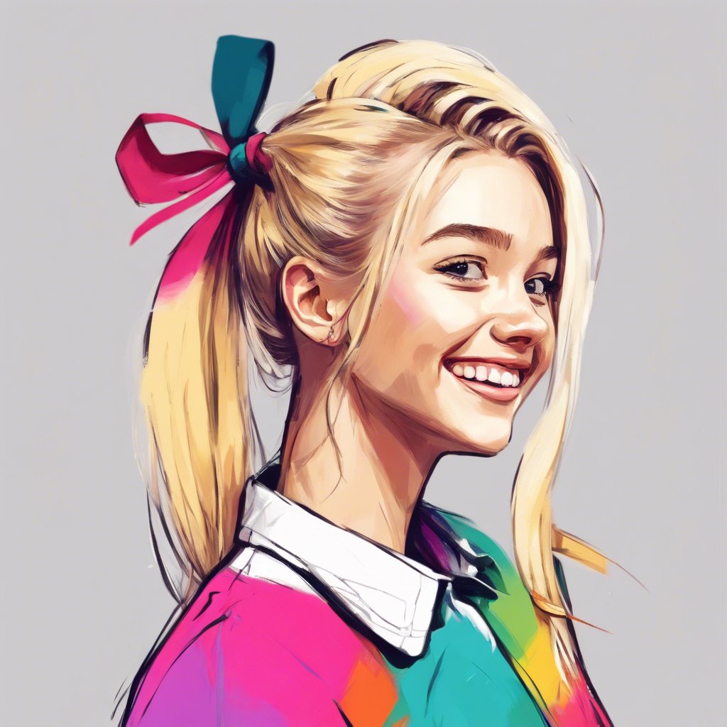 blonde girl happy vibrant colours with a low ponytail and a ribbon tied around it
