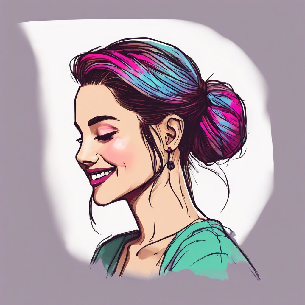 girl with a low side bun looking happy brunette vibrant colours