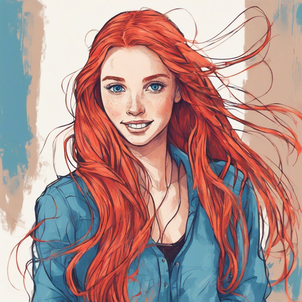 girl with long red hair plaiting her hair looking happy vibrant colours blue eyes