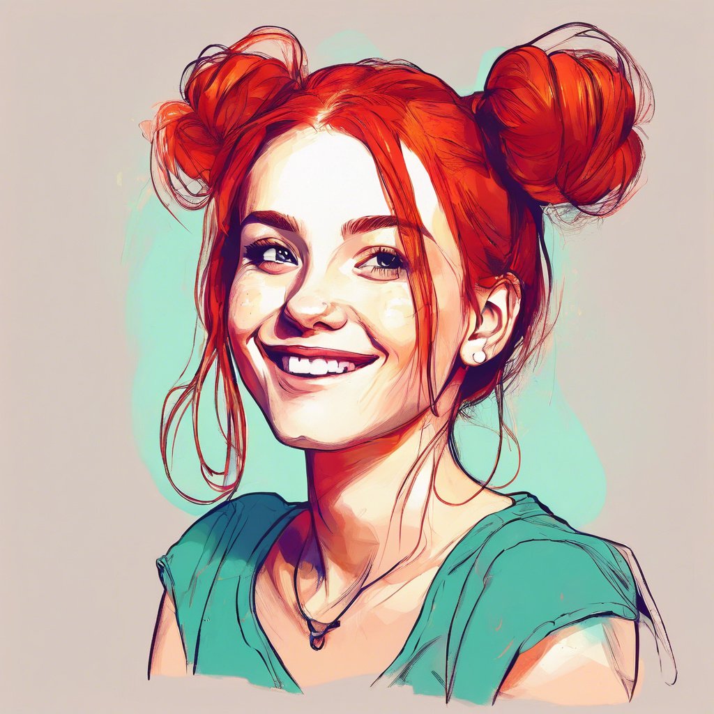 red haired girl happy vibrant colours two buns 